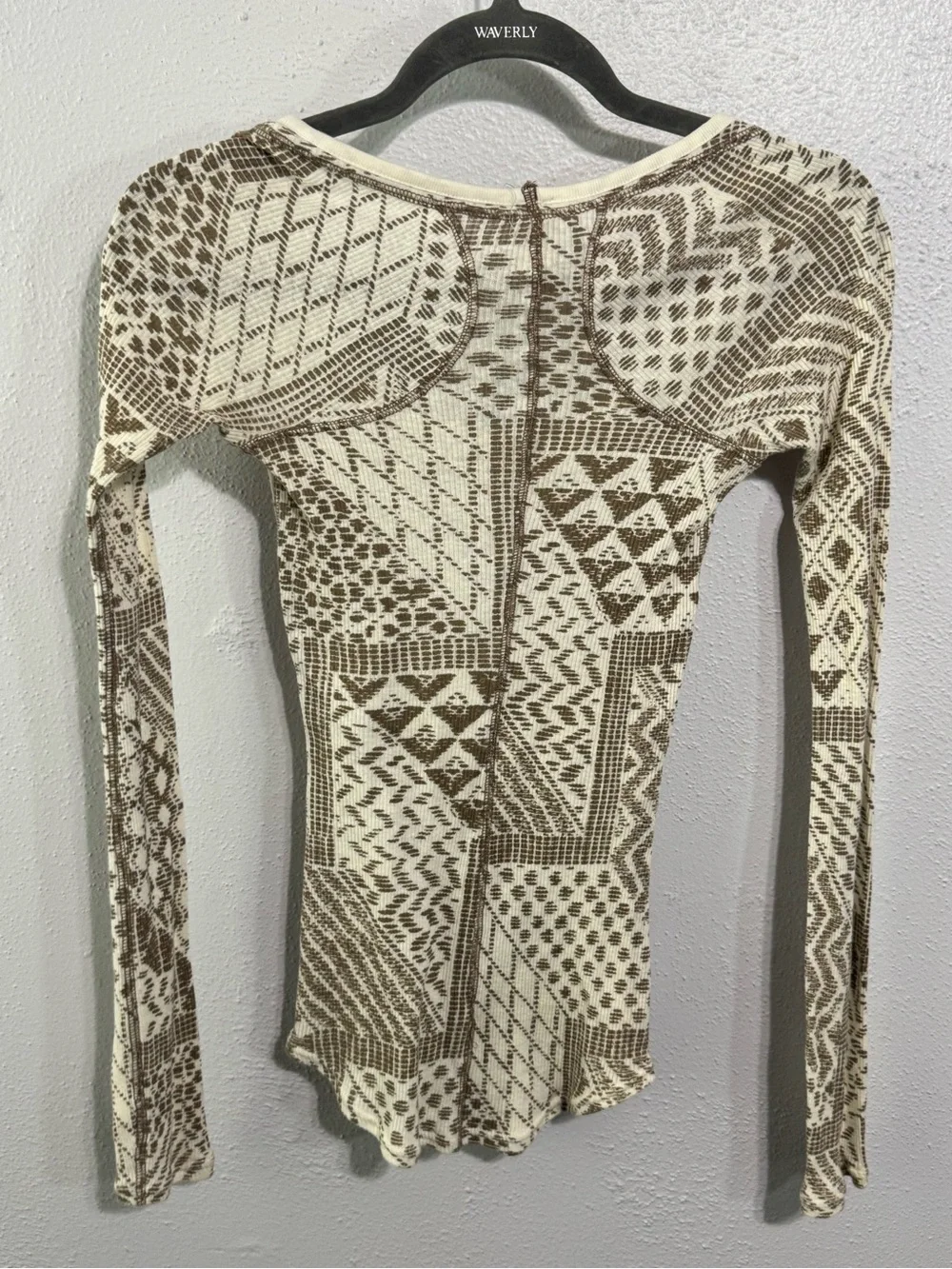 Free People Cream & Tan Geometric Scoop Neck Long Sleeve Top